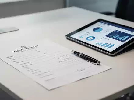 Ein Formular für eine ärztliche Arbeitsunfähigkeitsbescheinigung auf einem Büroschreibtisch neben einem digitalen Tablet. - Foto: über boerse-global.de