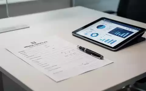 Ein Formular für eine ärztliche Arbeitsunfähigkeitsbescheinigung auf einem Büroschreibtisch neben einem digitalen Tablet. - Foto: über boerse-global.de