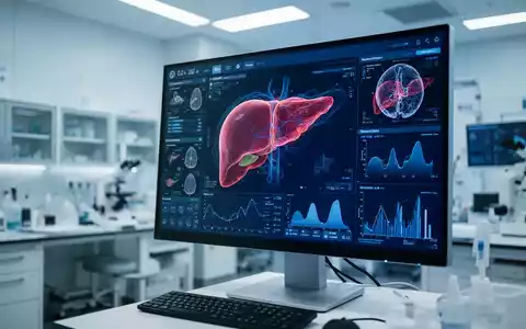Digitales Display mit medizinischen Leber-Scans und analytischen Daten in einem modernen Labor. - Foto: über boerse-global.de