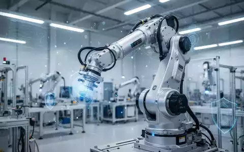 Industrieller Roboterarm in einer modernen Fertigungshalle mit angedeuteten digitalen Netzwerkgrafiken. - Foto: über boerse-global.de