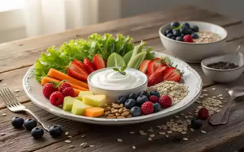 Eine Auswahl an gesunden Lebensmitteln wie Joghurt, frischem Obst und Gemüse auf einem Holztisch. - Foto: über boerse-global.de