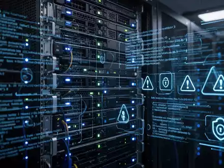 Dunkler Serverraum mit blauen Lichtern und digitalen Code-Overlays, die eine kritische Cybersicherheitsbedrohung darstellen. - Foto: über boerse-global.de