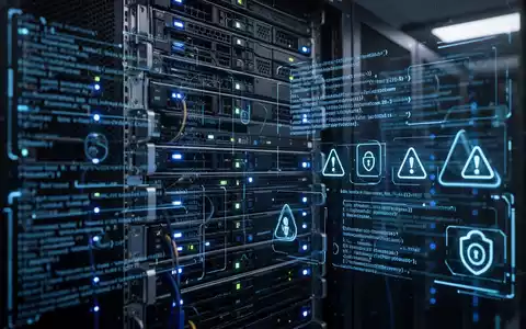 Dunkler Serverraum mit blauen Lichtern und digitalen Code-Overlays, die eine kritische Cybersicherheitsbedrohung darstellen. - Foto: über boerse-global.de