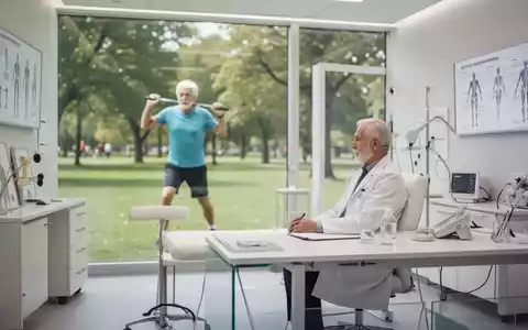 Ein moderner, heller medizinischer Untersuchungsraum mit einem unscharfen Hintergrund eines aktiven Seniors im Park. - Foto: über boerse-global.de
