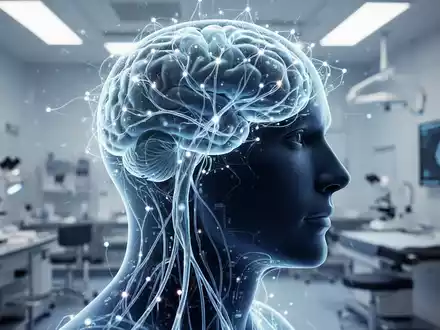 Abstrakte Darstellung eines Brain-Computer-Interface mit leuchtenden neuronalen Netzwerken in einem klinischen Umfeld. - Foto: über boerse-global.de