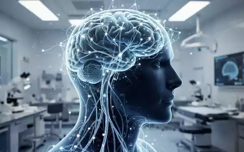 Abstrakte Darstellung eines Brain-Computer-Interface mit leuchtenden neuronalen Netzwerken in einem klinischen Umfeld. - Foto: über boerse-global.de