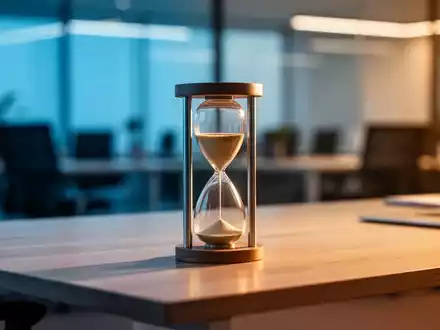 Ein Stundenglas auf einem modernen Schreibtisch als Symbol für Zeitmanagement und psychische Gesundheit im Arbeitsalltag. - Foto: über boerse-global.de