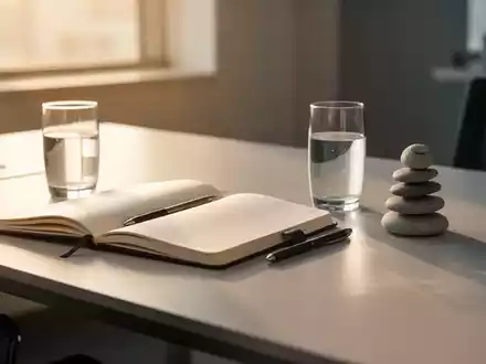 Minimalistischer Schreibtisch mit Notizbuch und Zen-Steinen als Symbol für Achtsamkeit und mentale Balance. - Foto: über boerse-global.de
