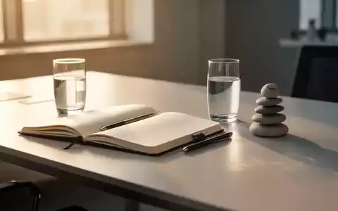 Minimalistischer Schreibtisch mit Notizbuch und Zen-Steinen als Symbol für Achtsamkeit und mentale Balance. - Foto: über boerse-global.de