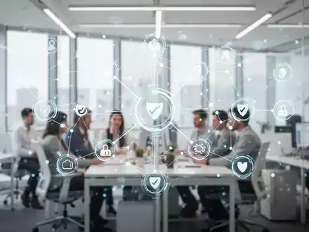 Modernes Büro mit digitaler Netzwerkgrafik als Symbol für die Vernetzung in der betrieblichen Gesundheitsförderung. - Foto: über boerse-global.de