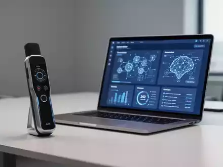 Moderner Schreibtisch mit schlankem KI-Aufnahmegerät und Laptop mit professioneller Produktivitätsoberfläche. - Foto: über boerse-global.de