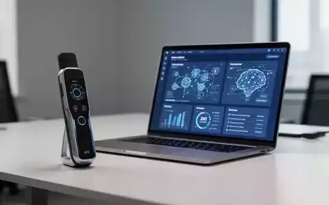 Moderner Schreibtisch mit schlankem KI-Aufnahmegerät und Laptop mit professioneller Produktivitätsoberfläche. - Foto: über boerse-global.de