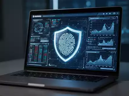 Ein Laptop-Bildschirm zeigt digitale Sicherheitsdaten und ein leuchtendes Schutzsymbol als Metapher für Cyberkriminalität. - Foto: über boerse-global.de