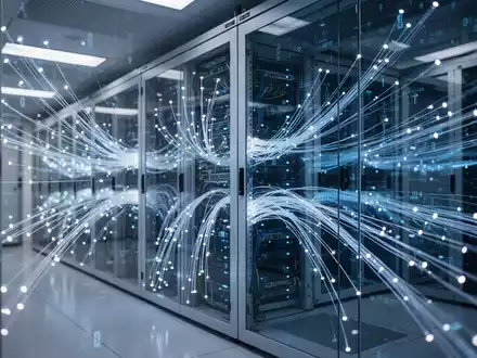 Moderner Serverraum mit blauen Glasfaserlichtern und Datenströmen, die KI-Sicherheit und Infrastruktur darstellen - Foto: über boerse-global.de
