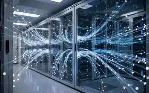 Moderner Serverraum mit blauen Glasfaserlichtern und Datenströmen, die KI-Sicherheit und Infrastruktur darstellen - Foto: über boerse-global.de