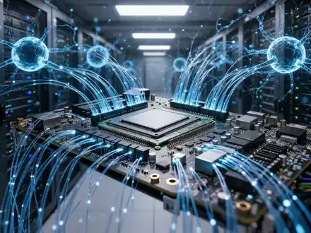 Moderner Serverraum mit leuchtenden Glasfaserkabeln und digitalen neuronalen Netzüberlagerungen, die KI und technologisches Wachstum symbolisieren. - Foto: über boerse-global.de