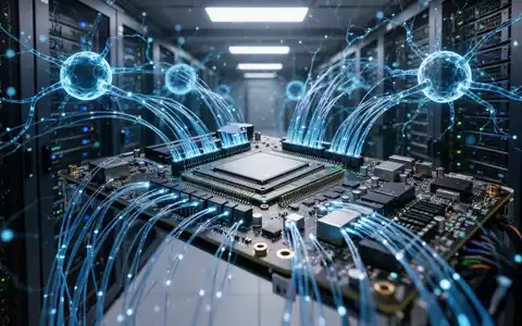 Moderner Serverraum mit leuchtenden Glasfaserkabeln und digitalen neuronalen Netzüberlagerungen, die KI und technologisches Wachstum symbolisieren. - Foto: über boerse-global.de