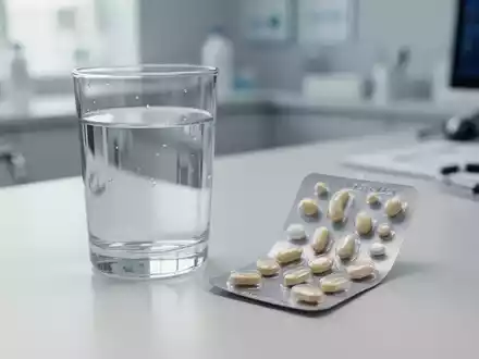 Nahaufnahme von Vitamin-Präparaten und einem Glas Wasser auf einem hellen Schreibtisch in einer Arztpraxis. - Foto: über boerse-global.de