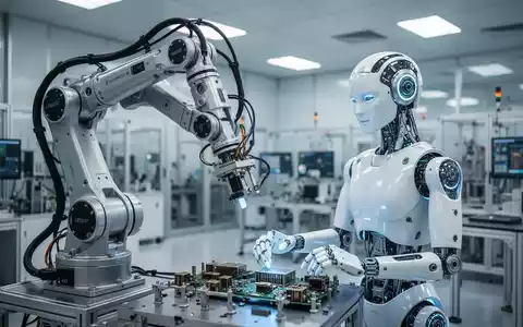 Ein humanoider Roboter und Roboterarm arbeiten in einer modernen, automatisierten Samsung-Elektronikfertigungsanlage. - Foto: über boerse-global.de