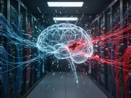 Digitale Visualisierung eines KI-Infrastruktur-Angriffs mit leuchtenden Netzwerkkabeln und abstrakten Sicherheitsfehlern. - Foto: über boerse-global.de