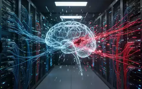 Digitale Visualisierung eines KI-Infrastruktur-Angriffs mit leuchtenden Netzwerkkabeln und abstrakten Sicherheitsfehlern. - Foto: über boerse-global.de