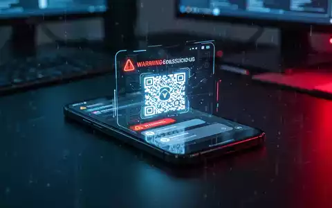 Ein Smartphone zeigt einen verdächtigen QR-Code und Sicherheitswarnungen in einer dunklen, professionellen Büroumgebung. - Foto: über boerse-global.de