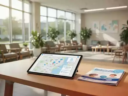Ein heller, moderner Raum eines Gesundheitszentrums mit einem Tablet und Informationsmaterial zur mentalen Gesundheit. - Foto: über boerse-global.de