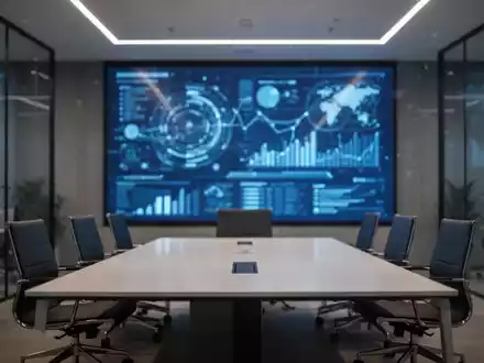 Modernes Bürointerieur mit verschwommenen digitalen Datenbildschirmen, die die regulatorische Aufsicht über KI-Suchtechnologien darstellen. - Foto: über boerse-global.de