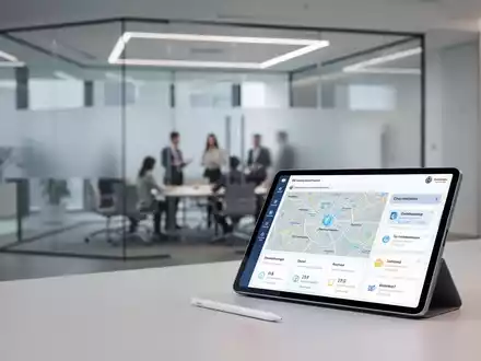 Tablet mit digitalem Stadt-Dashboard in modernem, kollaborativem Büro in Deutschland. - Foto: über boerse-global.de