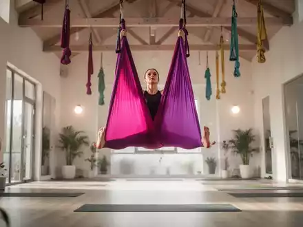 Eine Person praktiziert Aerial Yoga in einer hängenden Stoffschlinge in einem modernen, hellen Sportstudio. - Foto: über boerse-global.de