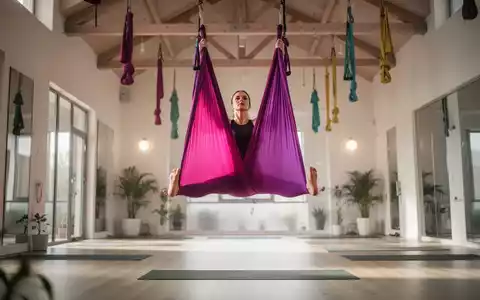 Eine Person praktiziert Aerial Yoga in einer hängenden Stoffschlinge in einem modernen, hellen Sportstudio. - Foto: über boerse-global.de