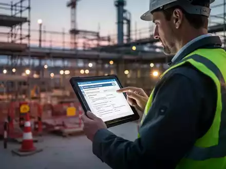 Bauleiter mit Tablet zur Sicherheitsdokumentation auf einer modernen Baustelle mit Gerüsten im Hintergrund. - Foto: über boerse-global.de
