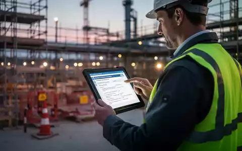 Bauleiter mit Tablet zur Sicherheitsdokumentation auf einer modernen Baustelle mit Gerüsten im Hintergrund. - Foto: über boerse-global.de