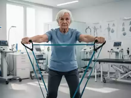 Eine ältere Person trainiert in einer modernen Physiotherapiepraxis mit Widerstandsbändern zur Stärkung der Mobilität. - Foto: über boerse-global.de