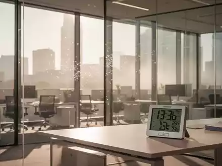 Ein sonnendurchflutetes, modernes Büro während einer Hitzewelle, symbolisiert durch flimmernde Luft und hohe Temperaturen. - Foto: über boerse-global.de