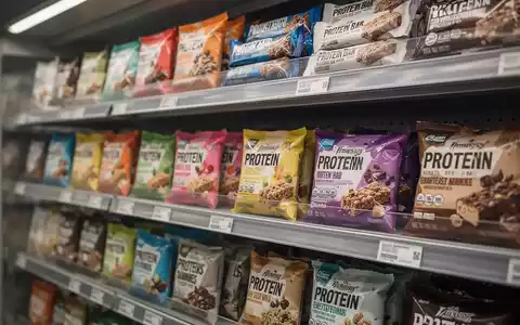 Nahaufnahme von verschiedenen Proteinriegeln in einem Supermarktregal als Symbol für hochverarbeitete Lebensmittel. - Foto: über boerse-global.de