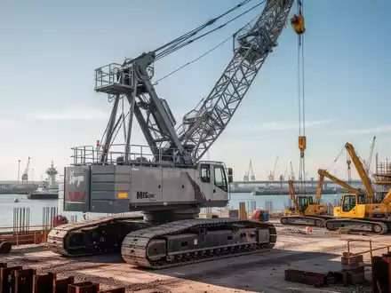 Ein schwerer Baukran und Baumaschinen in einem modernen Hafenbereich bei Tageslicht. - Foto: über boerse-global.de