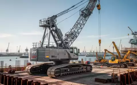 Ein schwerer Baukran und Baumaschinen in einem modernen Hafenbereich bei Tageslicht. - Foto: über boerse-global.de
