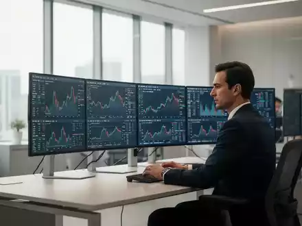 Ein professioneller Arbeitsplatz im Büro mit Finanzdaten auf Bildschirmen als Symbol für die Lage im Finanzwesen. - Foto: über boerse-global.de