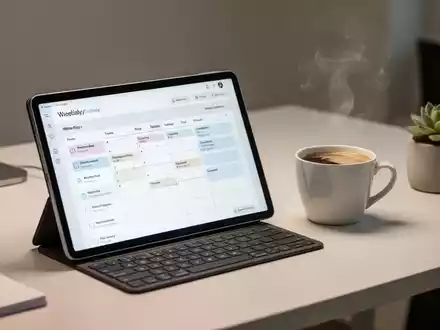 Ein aufgeräumter, moderner Schreibtisch mit digitalem Planer und einer Tasse Kaffee, der effiziente Haushaltsführung symbolisiert. - Foto: über boerse-global.de