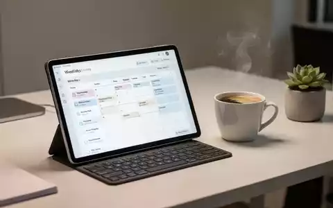 Ein aufgeräumter, moderner Schreibtisch mit digitalem Planer und einer Tasse Kaffee, der effiziente Haushaltsführung symbolisiert. - Foto: über boerse-global.de