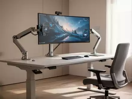 Moderner, ergonomisch eingerichteter Büroarbeitsplatz mit höhenverstellbarem Schreibtisch und Monitorarm. - Foto: über boerse-global.de