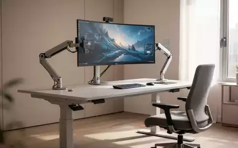Moderner, ergonomisch eingerichteter Büroarbeitsplatz mit höhenverstellbarem Schreibtisch und Monitorarm. - Foto: über boerse-global.de