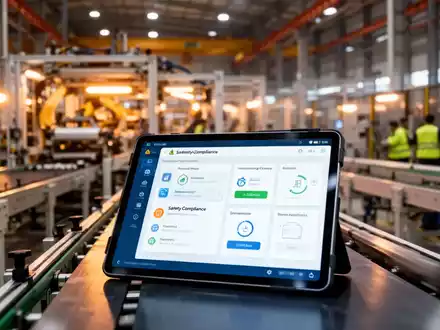 Digitales Tablet mit Arbeitsschutz-Software in einer modernen Industriehalle, Fokus auf Compliance und Sicherheit. - Foto: über boerse-global.de