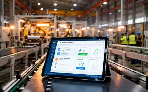 Digitales Tablet mit Arbeitsschutz-Software in einer modernen Industriehalle, Fokus auf Compliance und Sicherheit. - Foto: über boerse-global.de