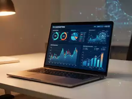 Laptop mit Finanzdaten und Diagrammen auf einem sauberen Schreibtisch, symbolisiert digitales Accounting und KI. - Foto: über boerse-global.de