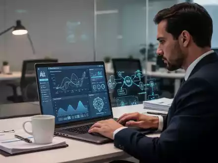 Ein Unternehmer arbeitet an einem Laptop in einem modernen Büro, was die KI-Integration in kleinen Unternehmen repräsentiert. - Foto: über boerse-global.de