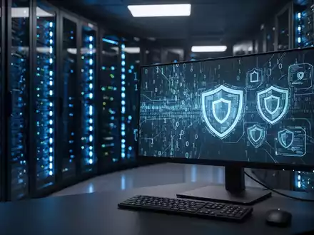 Schwach beleuchteter Serverraum mit blau leuchtender Ausrüstung, symbolisiert Cybersicherheitsbedrohungen und Netzwerkinfrastruktur. - Foto: über boerse-global.de
