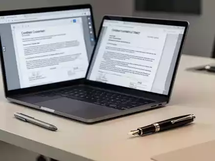 Moderner Büroarbeitsplatz mit Laptop, der digitale Verträge und professionelle Dokumentvorlagen zeigt. - Foto: über boerse-global.de