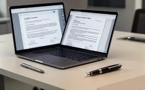 Moderner Büroarbeitsplatz mit Laptop, der digitale Verträge und professionelle Dokumentvorlagen zeigt. - Foto: über boerse-global.de